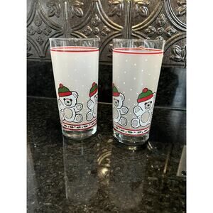 Libbey Teddy Bear Christmas Sweater Tumblers Glasses Set of 2 Vintage 90s